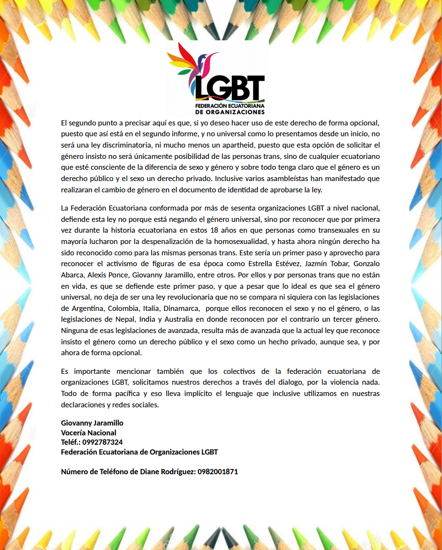 Declaraciones de Diane Rodríguez, presidenta nacional de la Federación Ecuatoriana de organizaciones LGBT, sobre Genero Universal o Género opcional 2